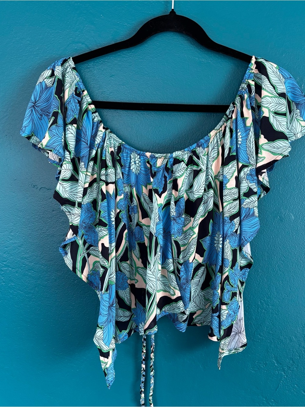 Maaji Floral Off-Shoulder Crop Top in Blue and Black